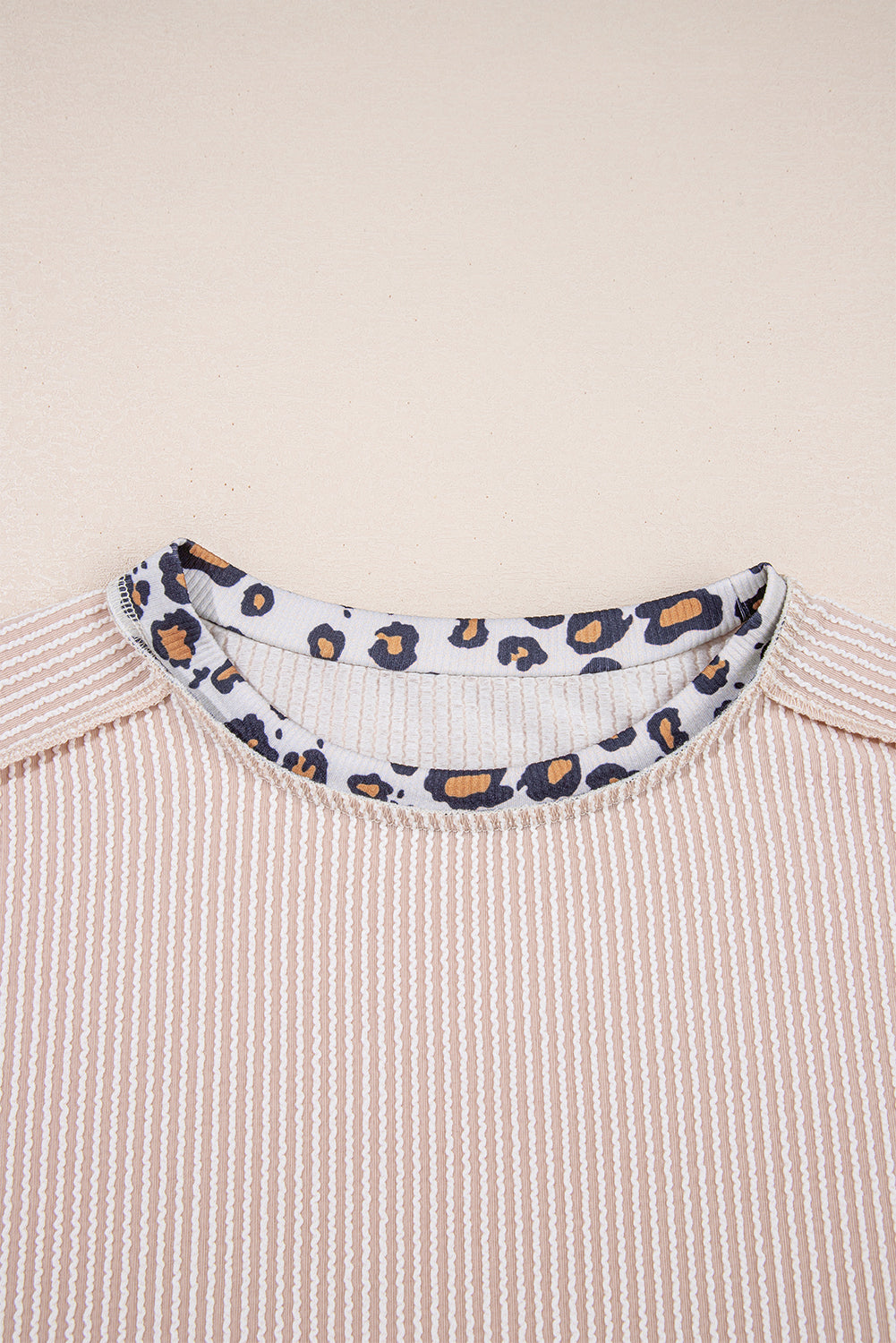 Wild Whisper Rib Tee — Beige Textured with Leopard Trim