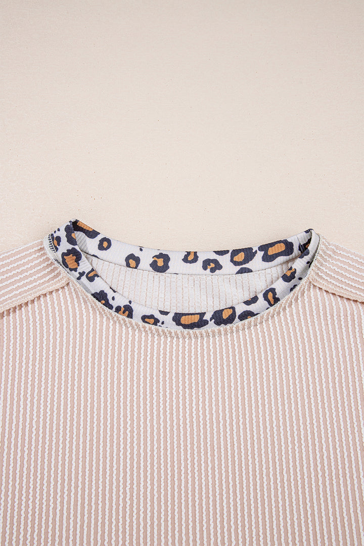 Wild Whisper Rib Tee — Beige Textured with Leopard Trim