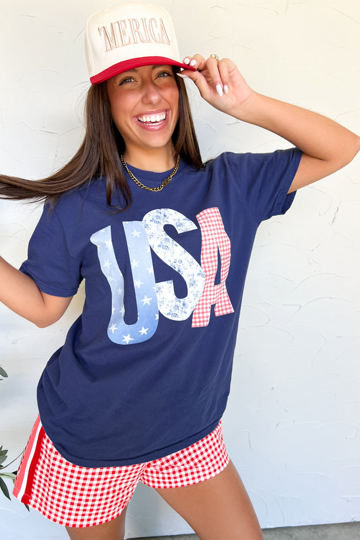 USA Patchwork Letters Navy Graphic Tee — Limited Boutique Drop 🇺🇸✨