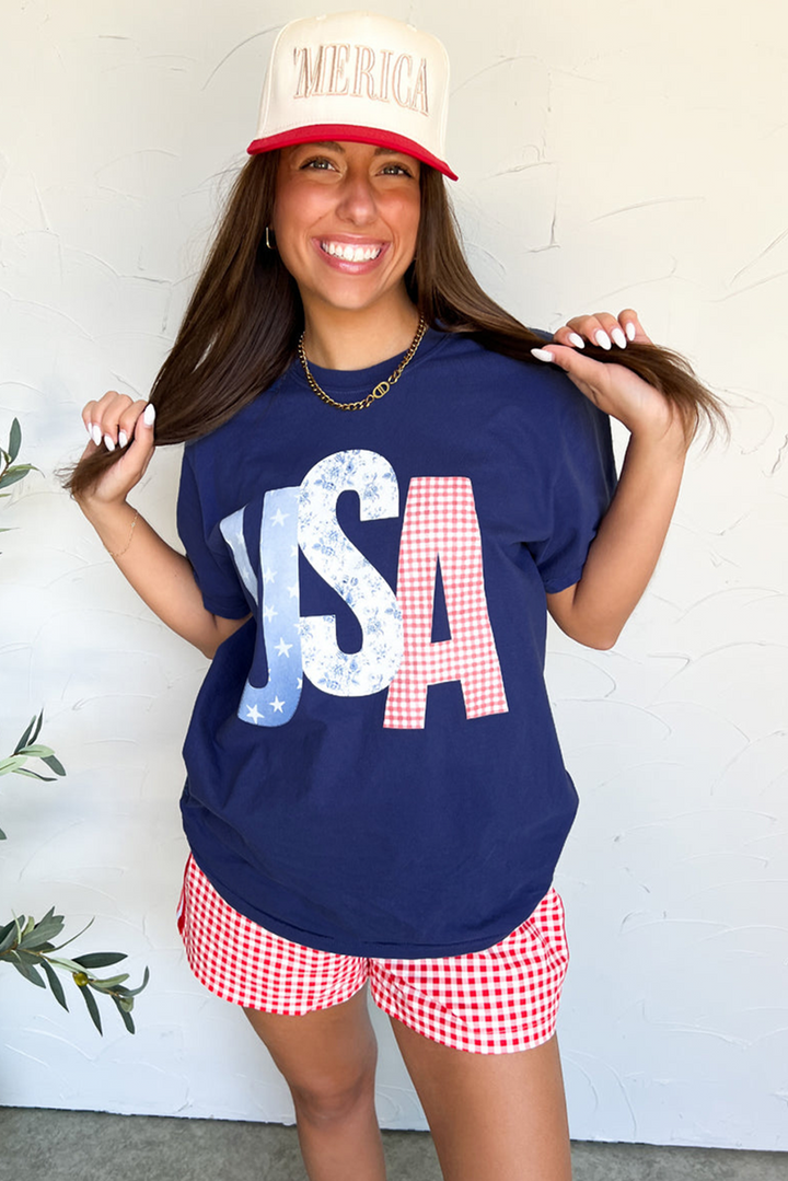 USA Patchwork Letters Navy Graphic Tee — Limited Boutique Drop 🇺🇸✨