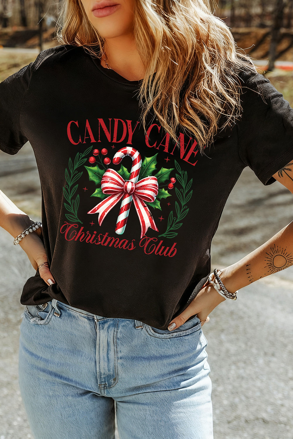 🎄 Luke & Estelle “Candy Cane Christmas Club” Graphic Tee – Holiday Cheer in Style ❤️🤍