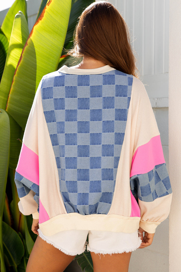 Checkmate Pop Oversize Crew — Denim & Neon