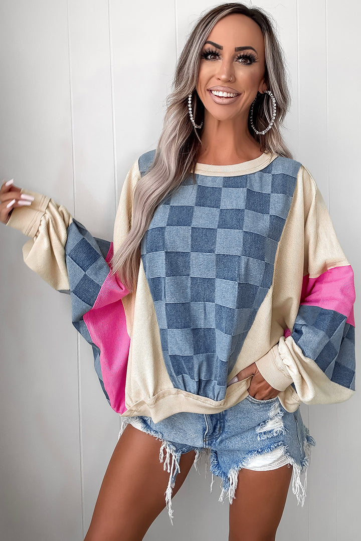 Checkmate Pop Oversize Crew — Denim & Neon