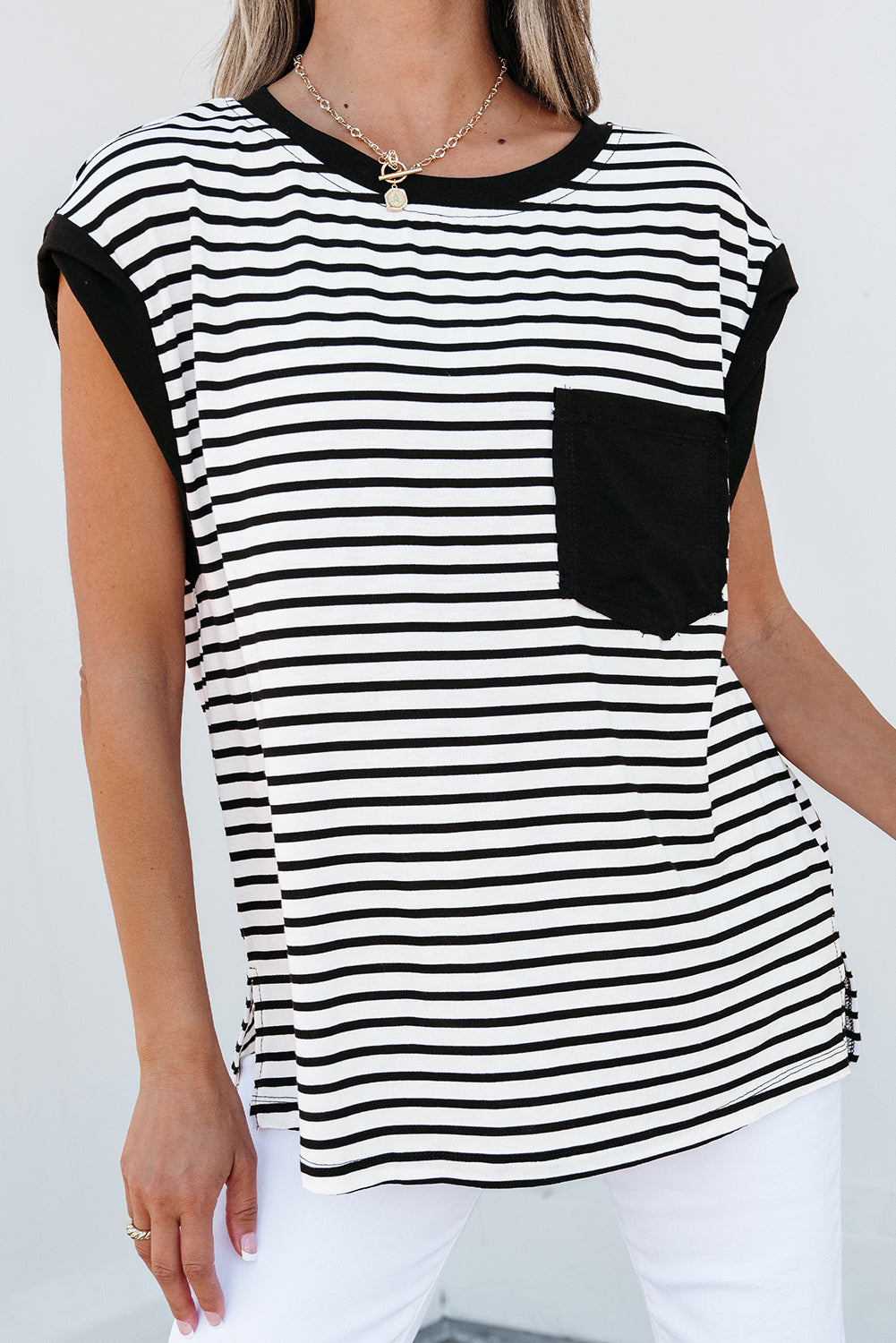 Classic Stripes & Contrast Pocket Tee – Black & White Bold