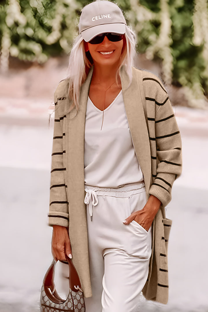 Harbor Stripe Cozy Open-Front Cardigan (Sand & Ink)