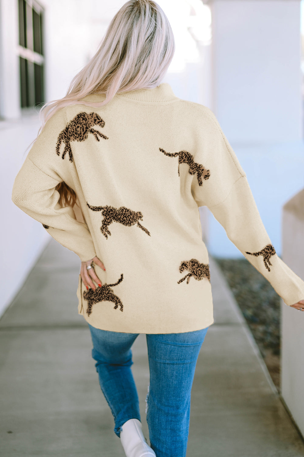 Wild Runway Mock-Neck Sweater – Cream Leopard Knit