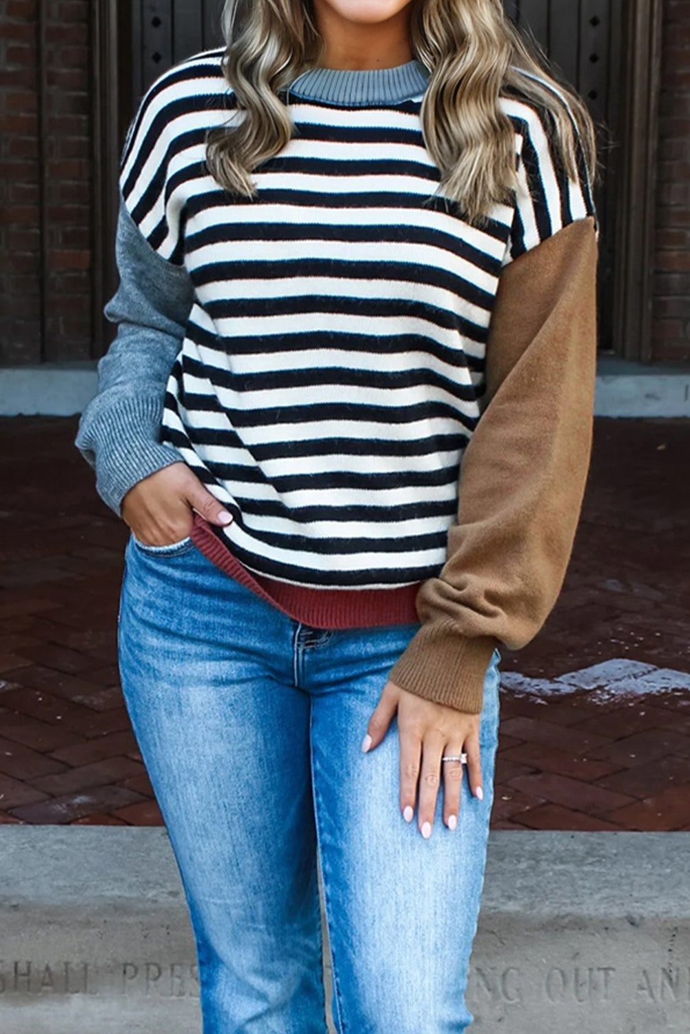 Harbor Stripe Contrast Knit—Color-Block Crew Neck Sweater