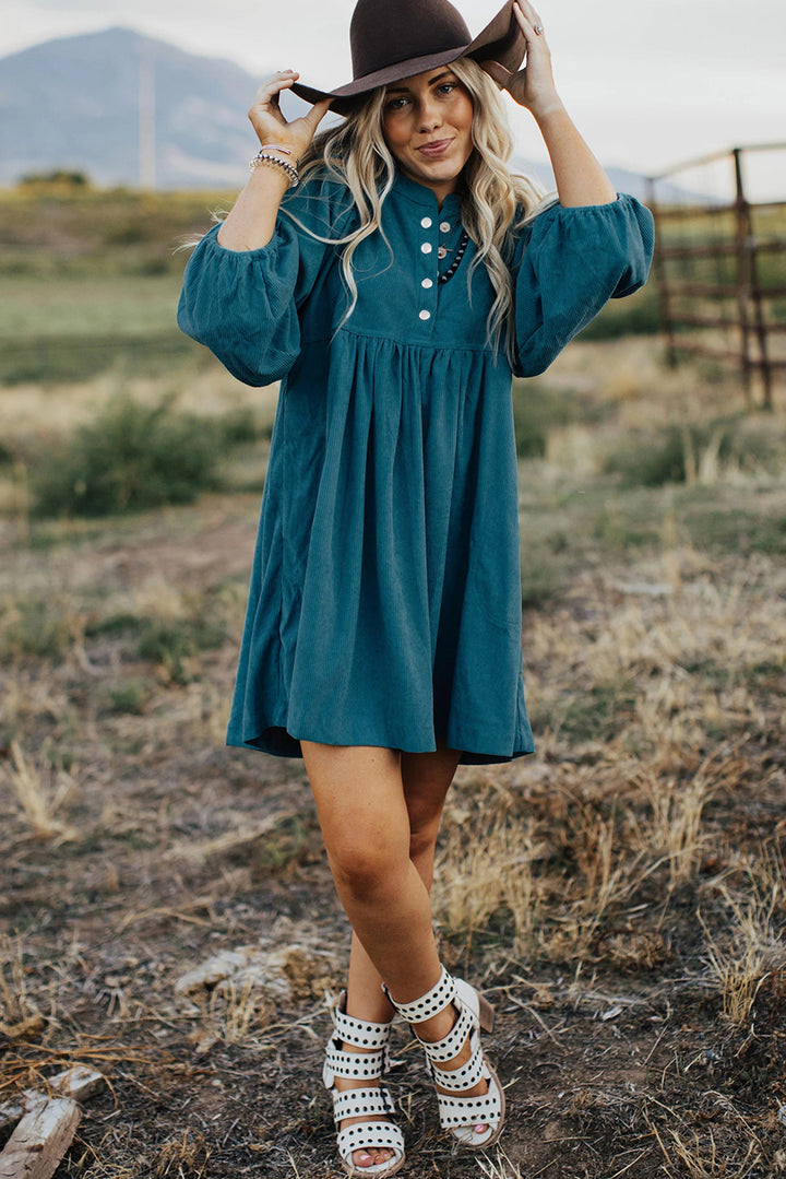 Evergreen Teal Glow Corduroy Babydoll Dress
