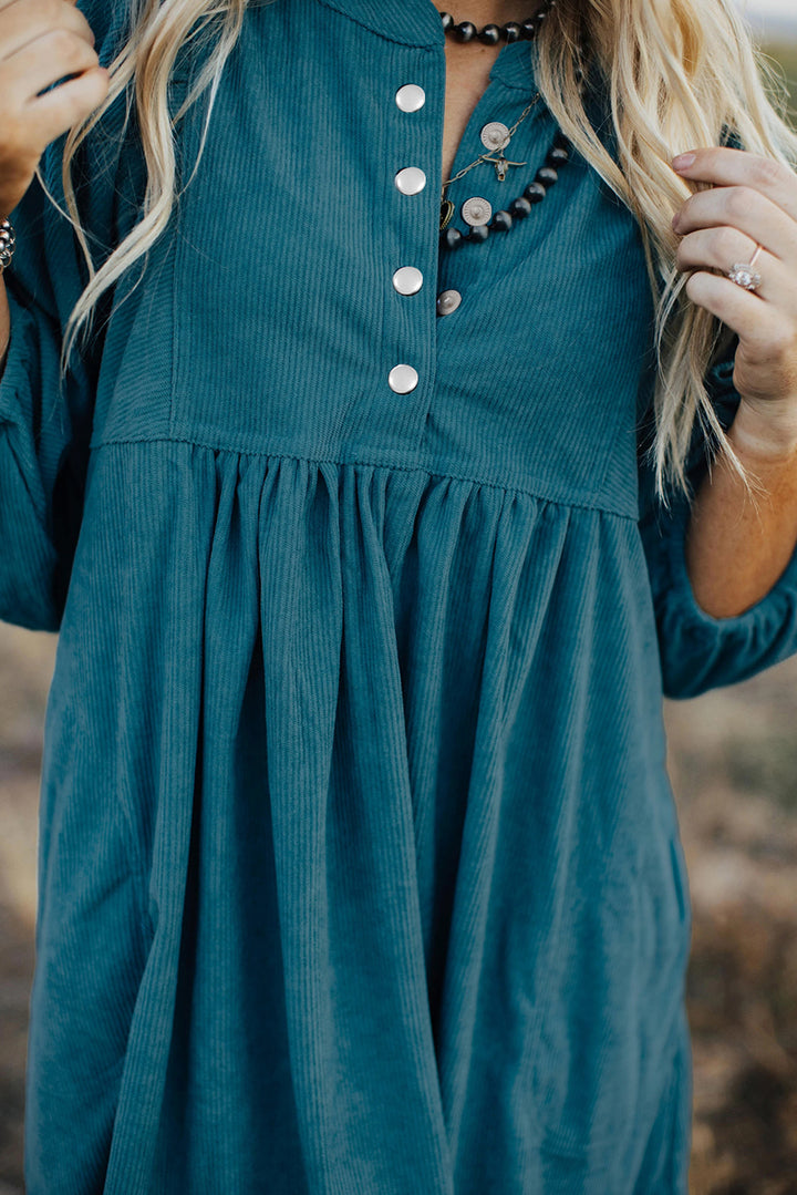 Evergreen Teal Glow Corduroy Babydoll Dress