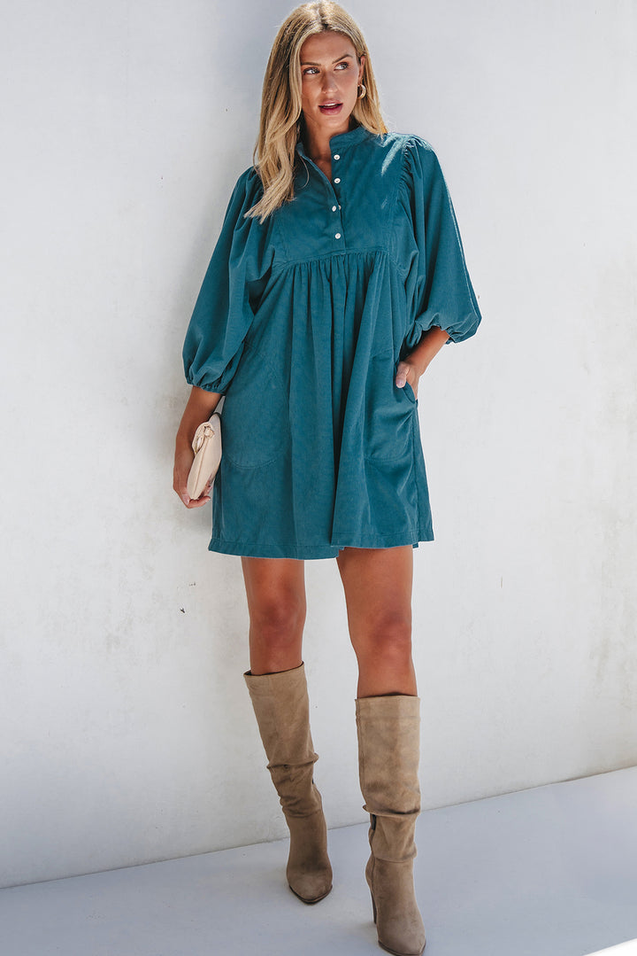 Evergreen Teal Glow Corduroy Babydoll Dress