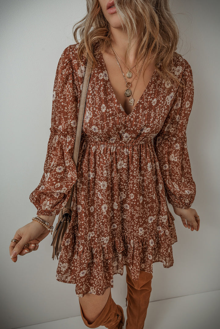 Autumn Muse Ruffle Mini Dress – Floral Boho Chic