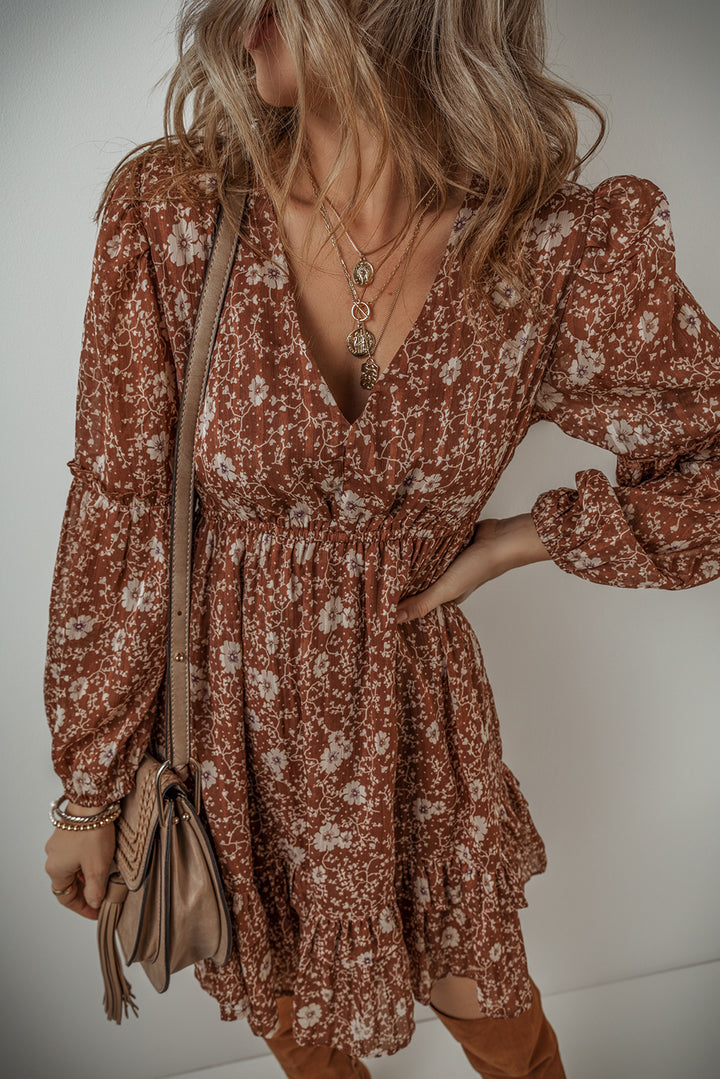 Autumn Muse Ruffle Mini Dress – Floral Boho Chic
