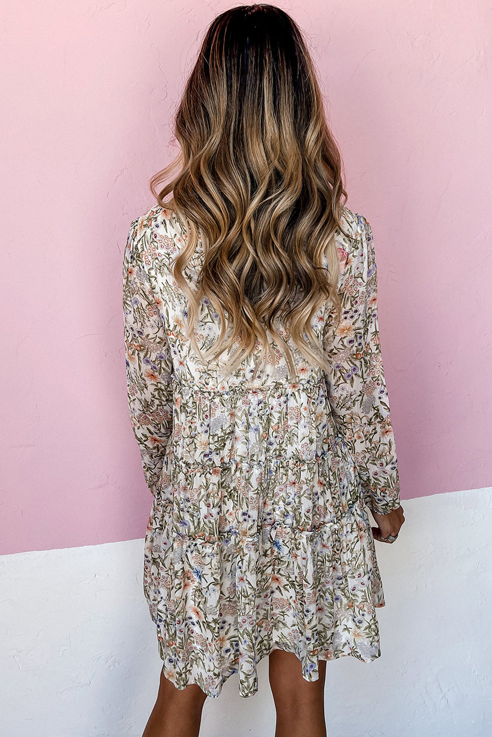 Floral Print Shirred Mock Neck Dress