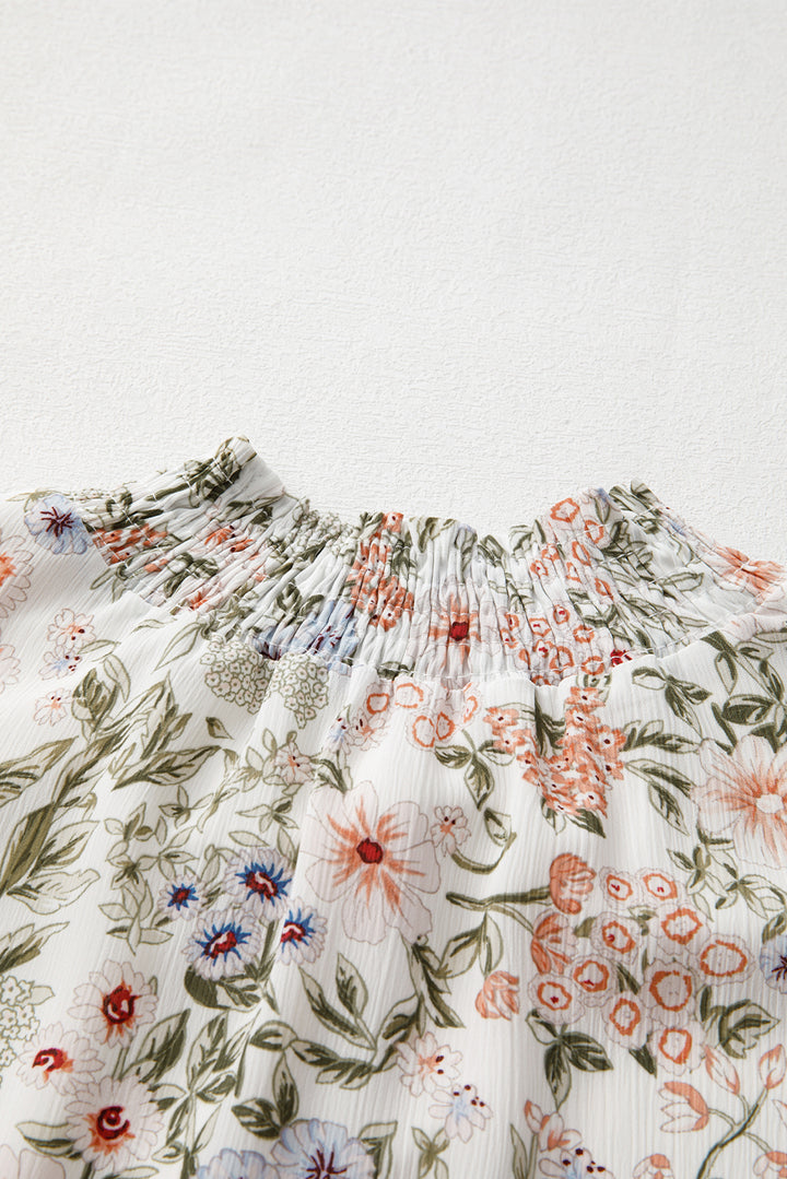 Floral Print Shirred Mock Neck Dress