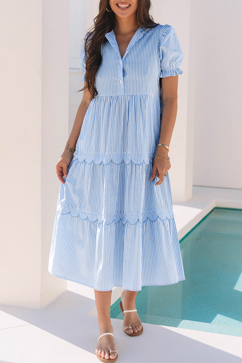 Everyday Ease Striped Scallop Midi Dress – Blue Sky