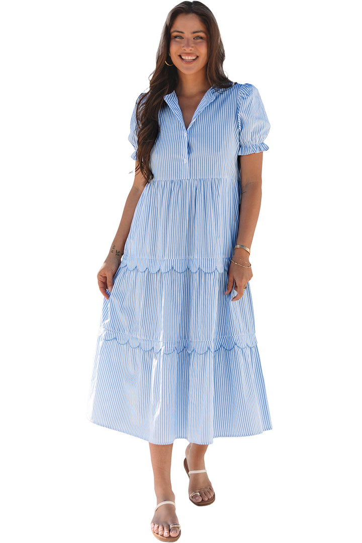 Everyday Ease Striped Scallop Midi Dress – Blue Sky