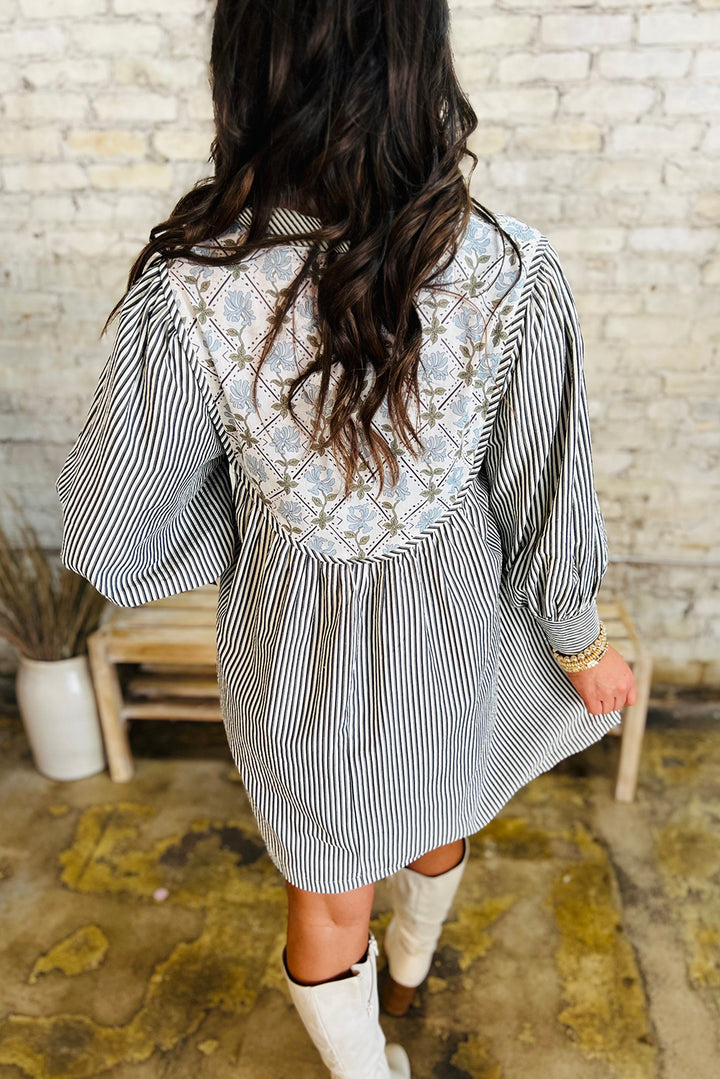 Black Stripe Floral Patchwork V Neck Shift Long Sleeve Mini Dress