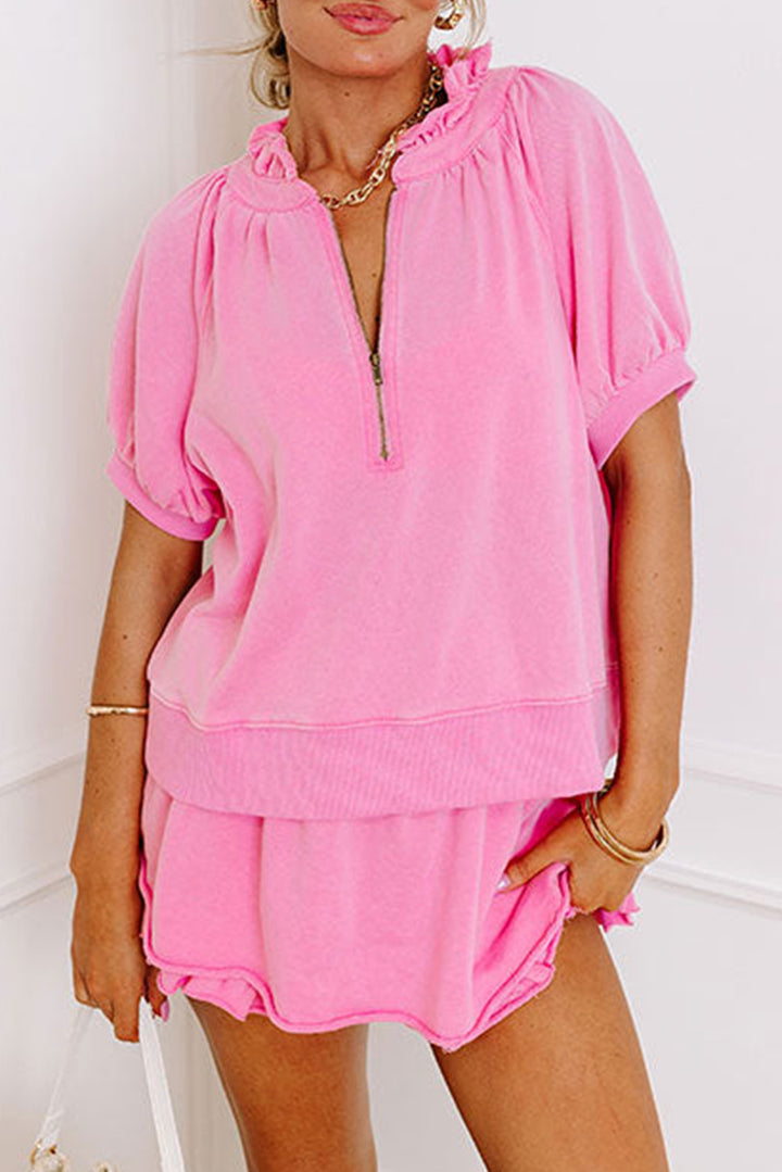 Summer-to-Fall Half-Zip Ruffle Set — Powerful Pink 💗