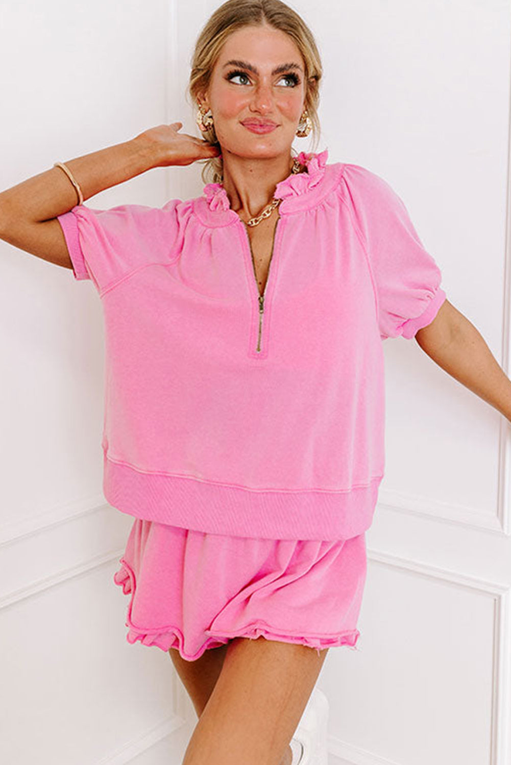 Summer-to-Fall Half-Zip Ruffle Set — Powerful Pink 💗