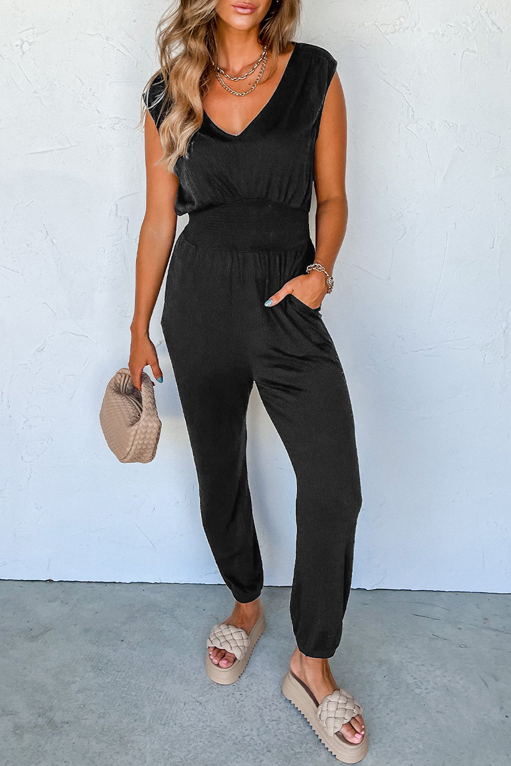 Ebony Shirred High Waist Sleeveless V Neck Jumpsuit