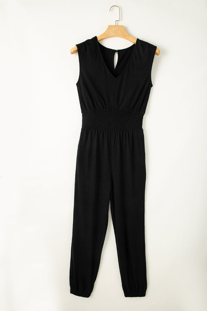 Ebony Shirred High Waist Sleeveless V Neck Jumpsuit