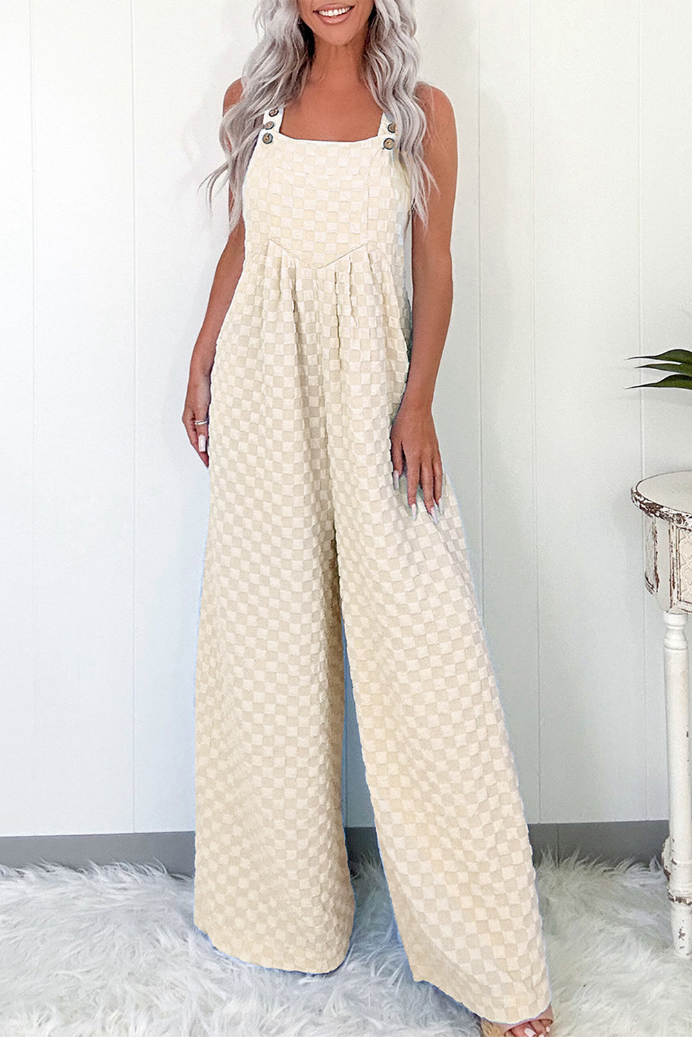 “Espresso Yourself” Waffle Check Wide-Leg Overalls