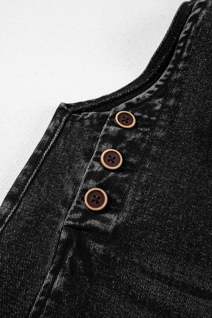 Charcoal Stone Washed Distressed Bib Pocket Wide Leg Denim Overall Tie Straps