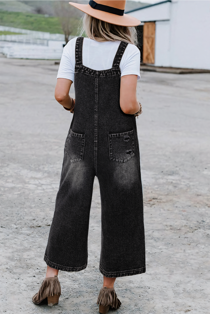 Charcoal Stone Washed Distressed Bib Pocket Wide Leg Denim Overall Tie Straps