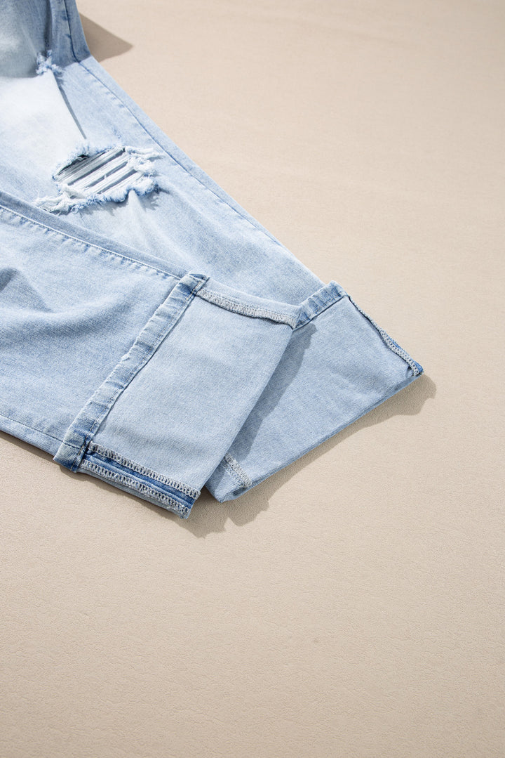 Skyline Distressed Wide-Leg Jeans – Cuffed Light Wash Deni