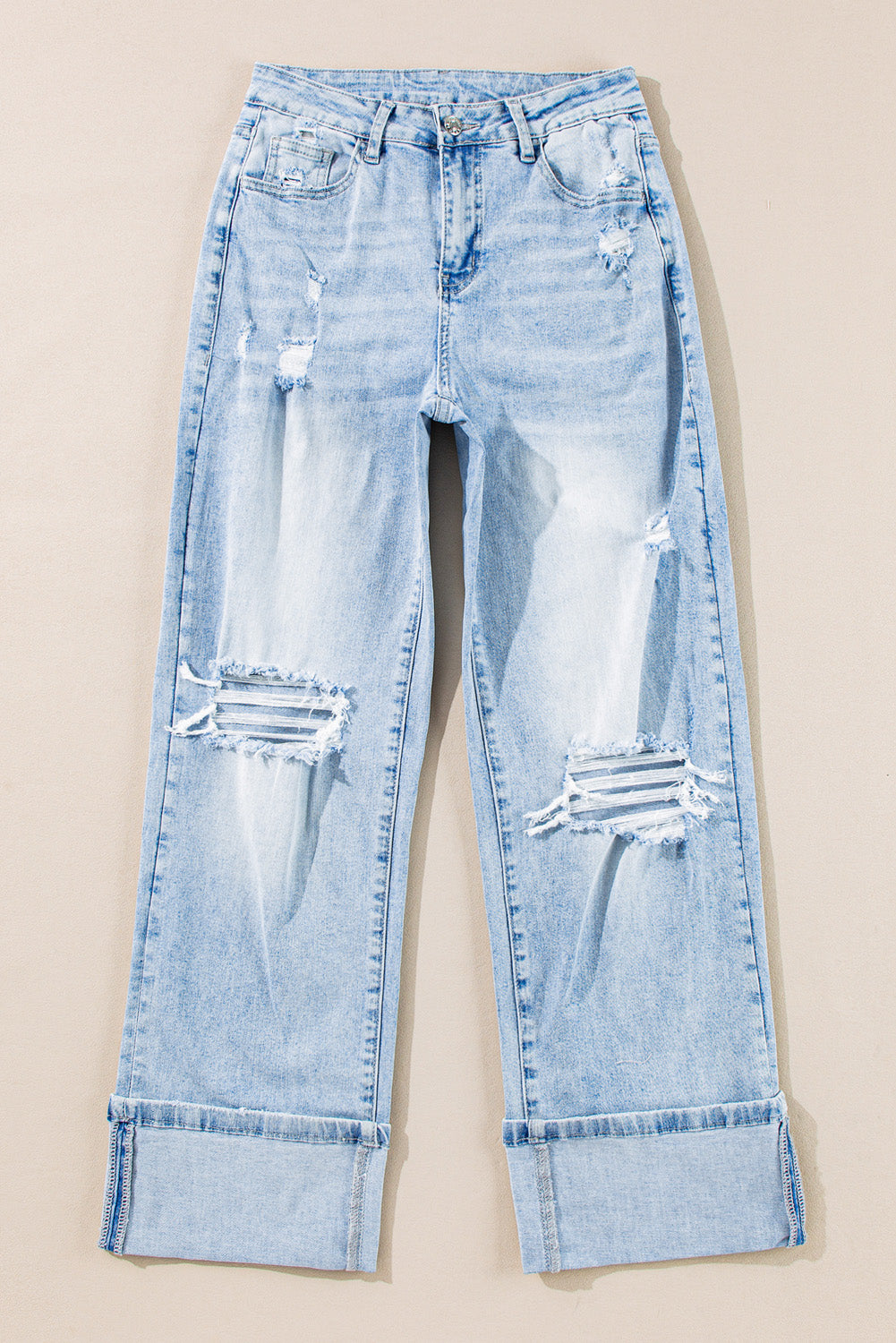 Skyline Distressed Wide-Leg Jeans – Cuffed Light Wash Deni