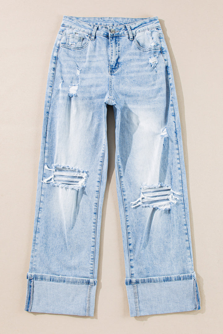 Skyline Distressed Wide-Leg Jeans – Cuffed Light Wash Deni