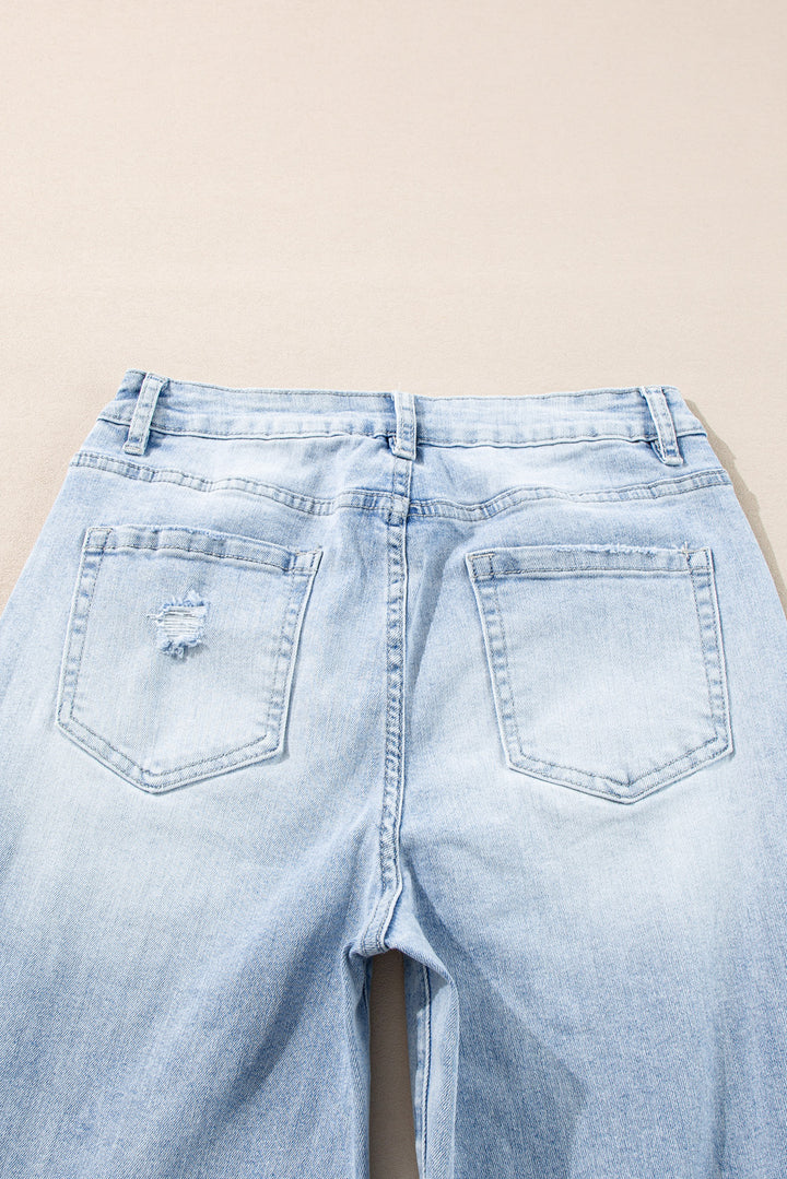 Skyline Distressed Wide-Leg Jeans – Cuffed Light Wash Deni