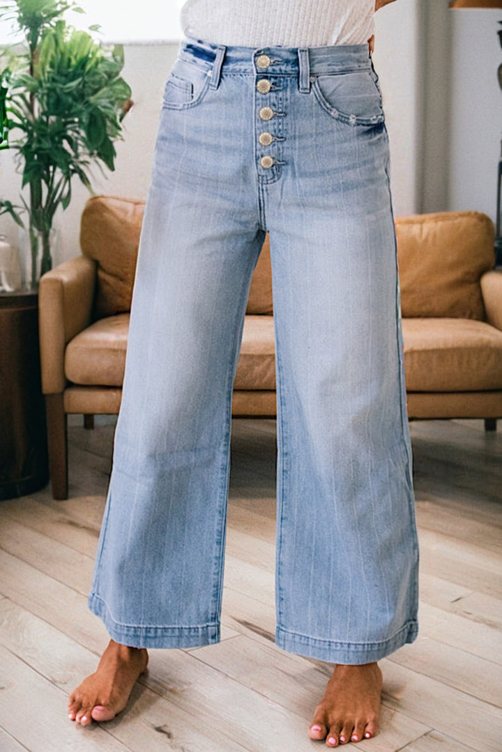 Luke & Estelle “Pinstripe Perfection” Button Fly Cropped Wide Leg Jeans 👖✨