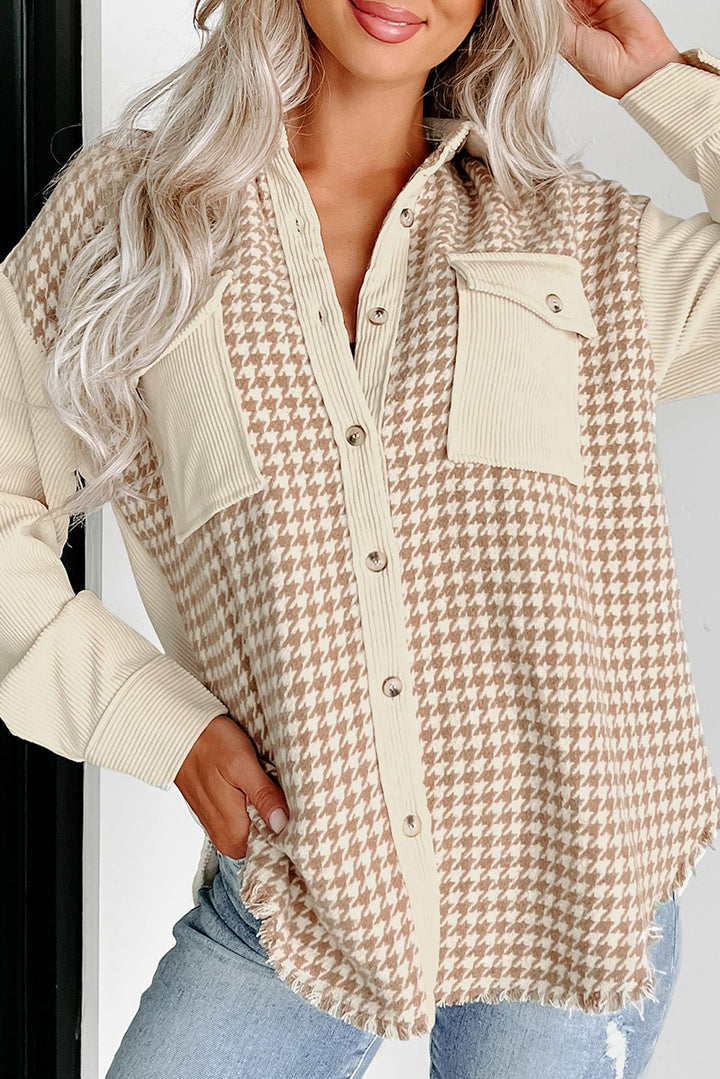 Cozy Contrast Cord & Houndstooth Button-Down Shacket – Oatmilk & Caramel