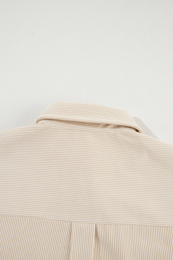 Cozy Contrast Cord & Houndstooth Button-Down Shacket – Oatmilk & Caramel