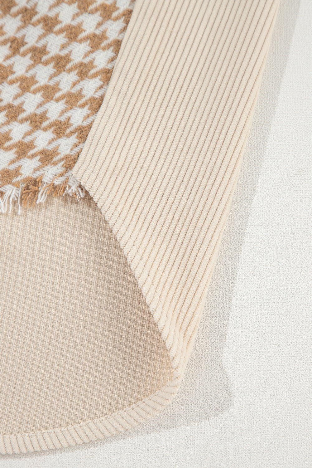 Cozy Contrast Cord & Houndstooth Button-Down Shacket – Oatmilk & Caramel