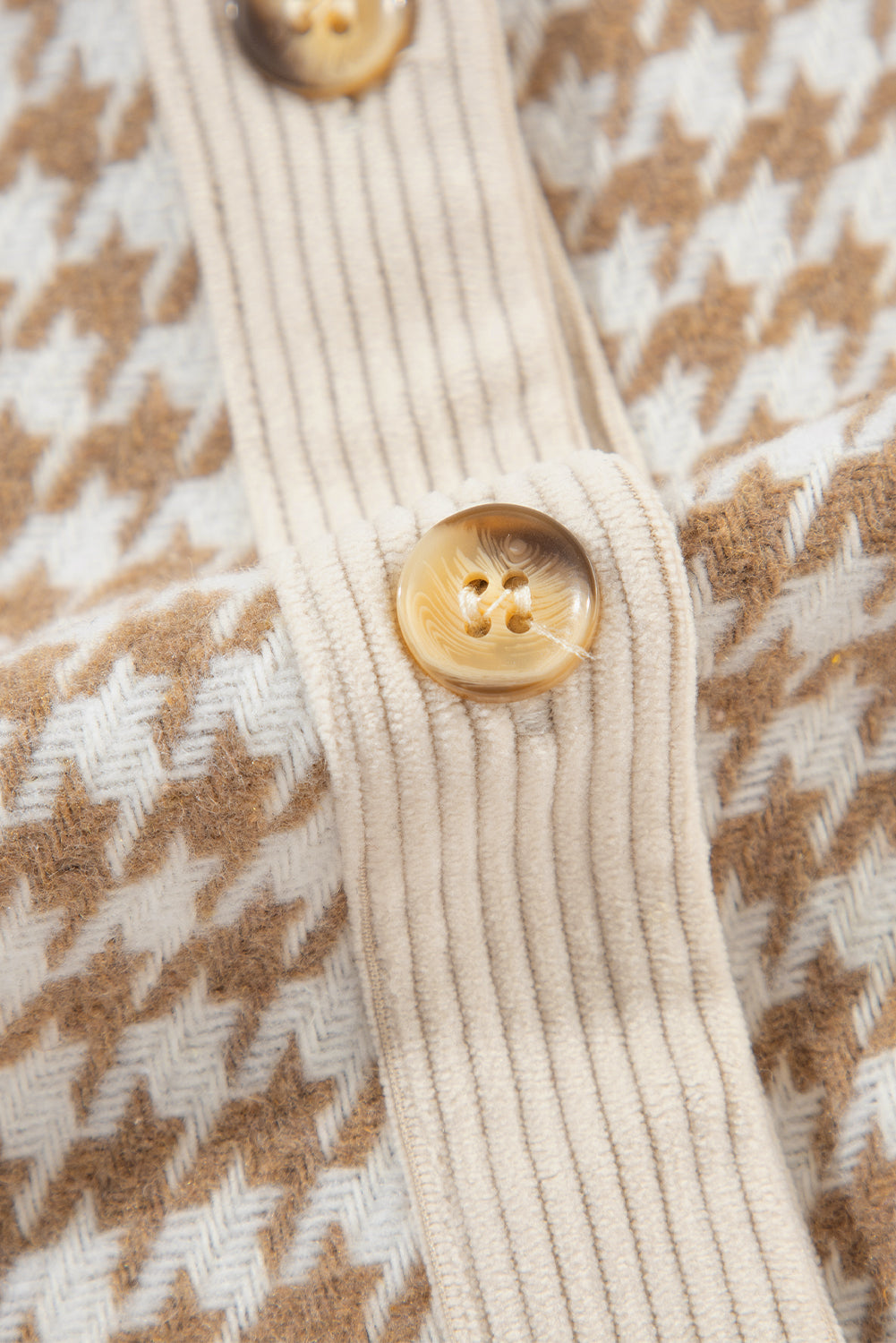 Cozy Contrast Cord & Houndstooth Button-Down Shacket – Oatmilk & Caramel