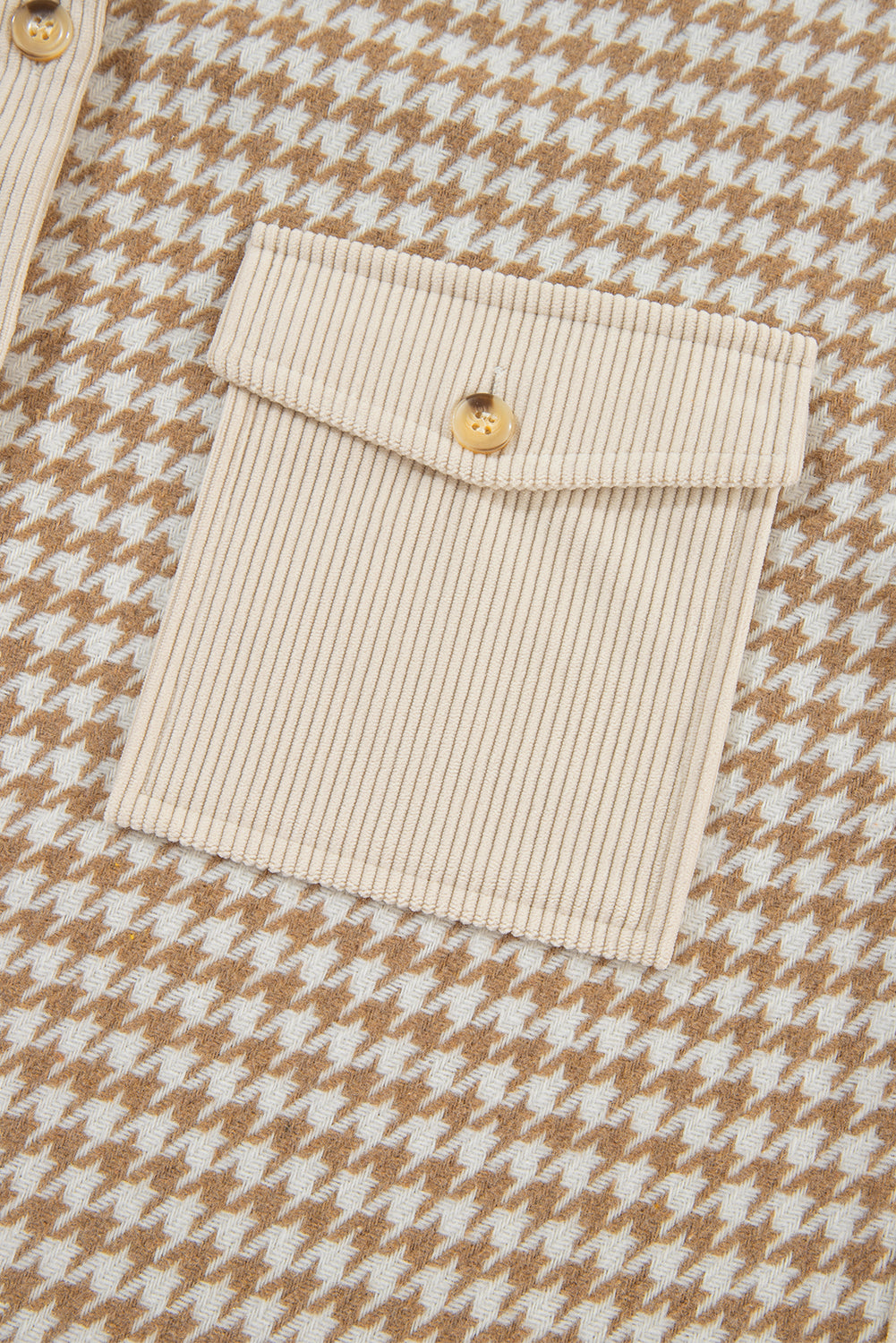 Cozy Contrast Cord & Houndstooth Button-Down Shacket – Oatmilk & Caramel