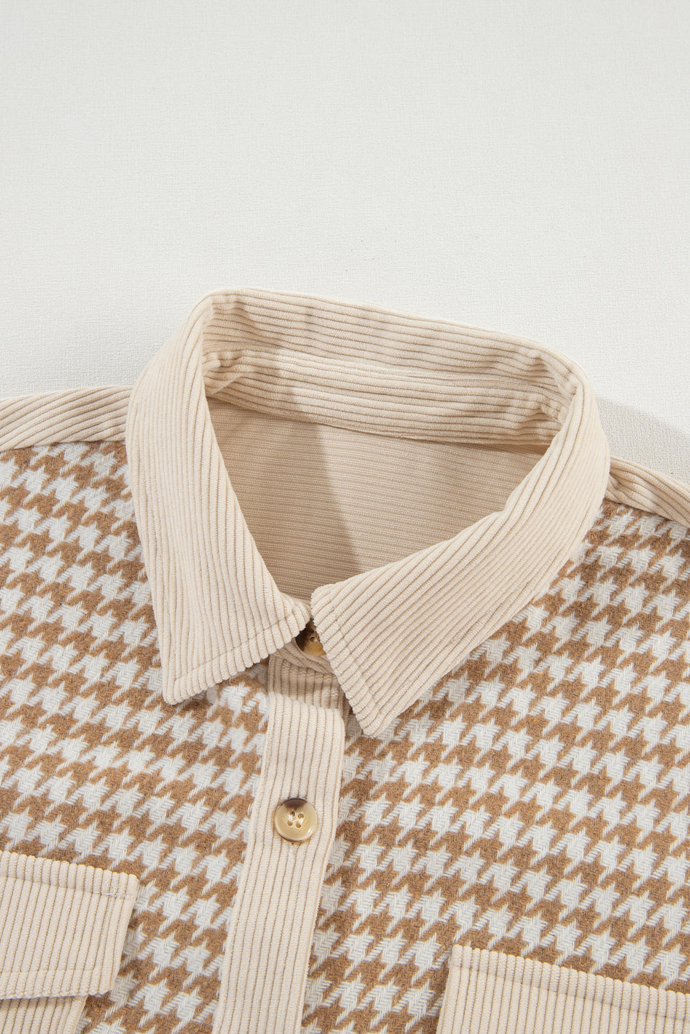 Cozy Contrast Cord & Houndstooth Button-Down Shacket – Oatmilk & Caramel