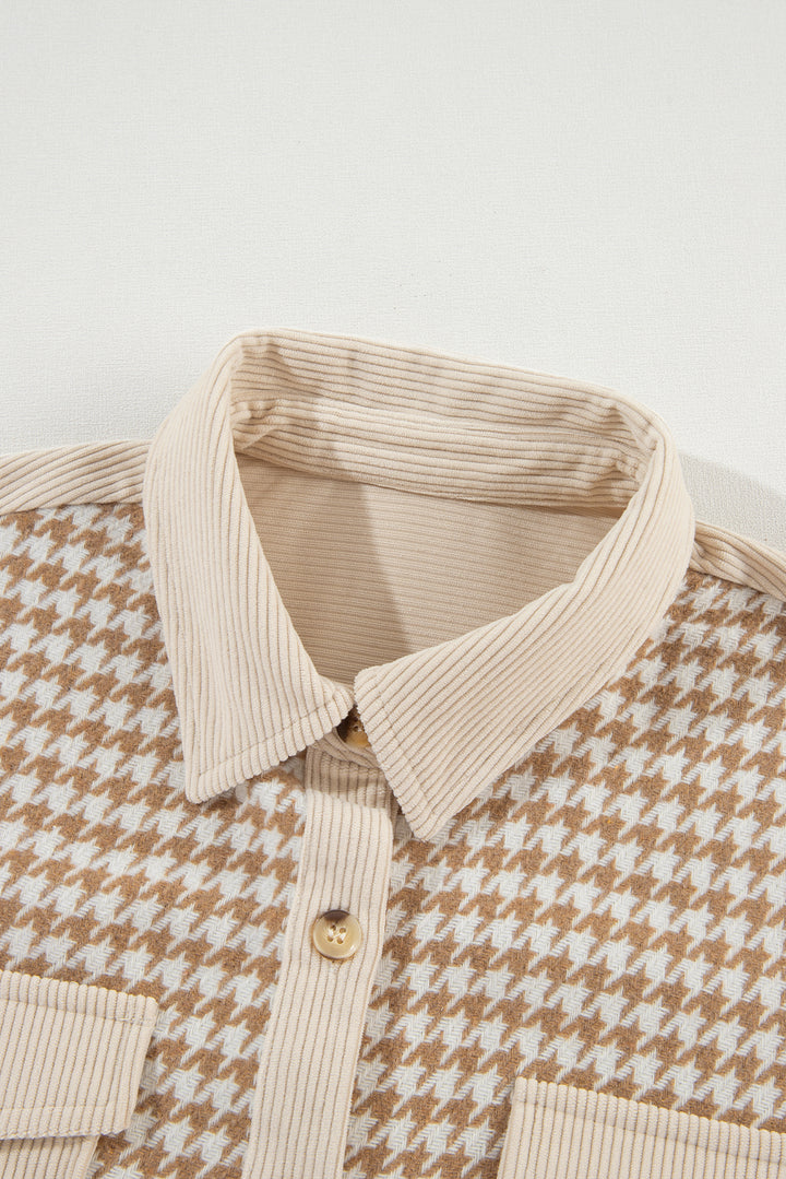 Cozy Contrast Cord & Houndstooth Button-Down Shacket – Oatmilk & Caramel