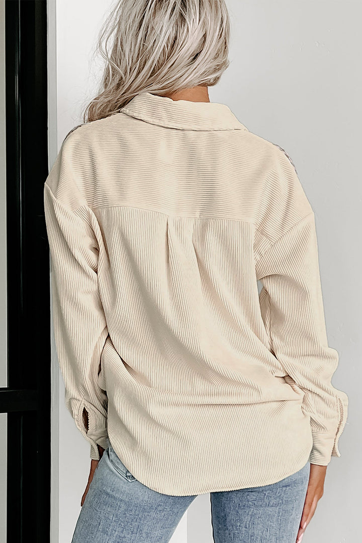 Cozy Contrast Cord & Houndstooth Button-Down Shacket – Oatmilk & Caramel