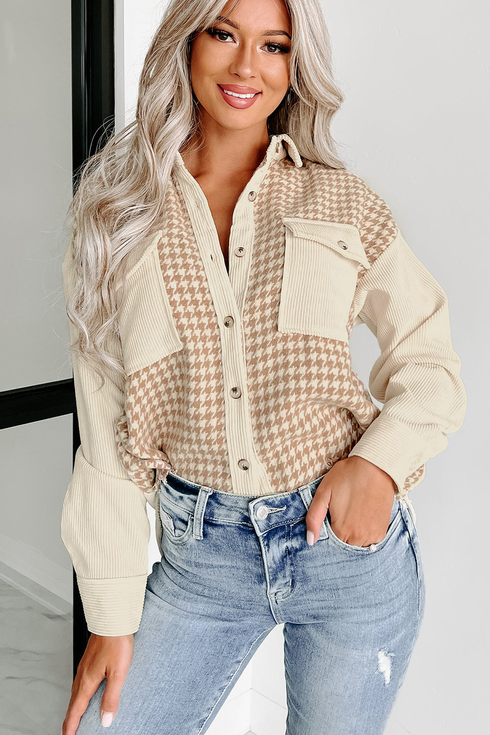 Cozy Contrast Cord & Houndstooth Button-Down Shacket – Oatmilk & Caramel