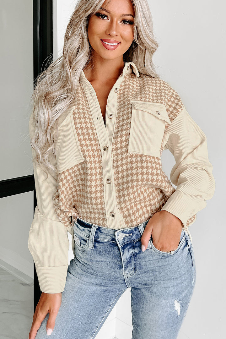 Cozy Contrast Cord & Houndstooth Button-Down Shacket – Oatmilk & Caramel