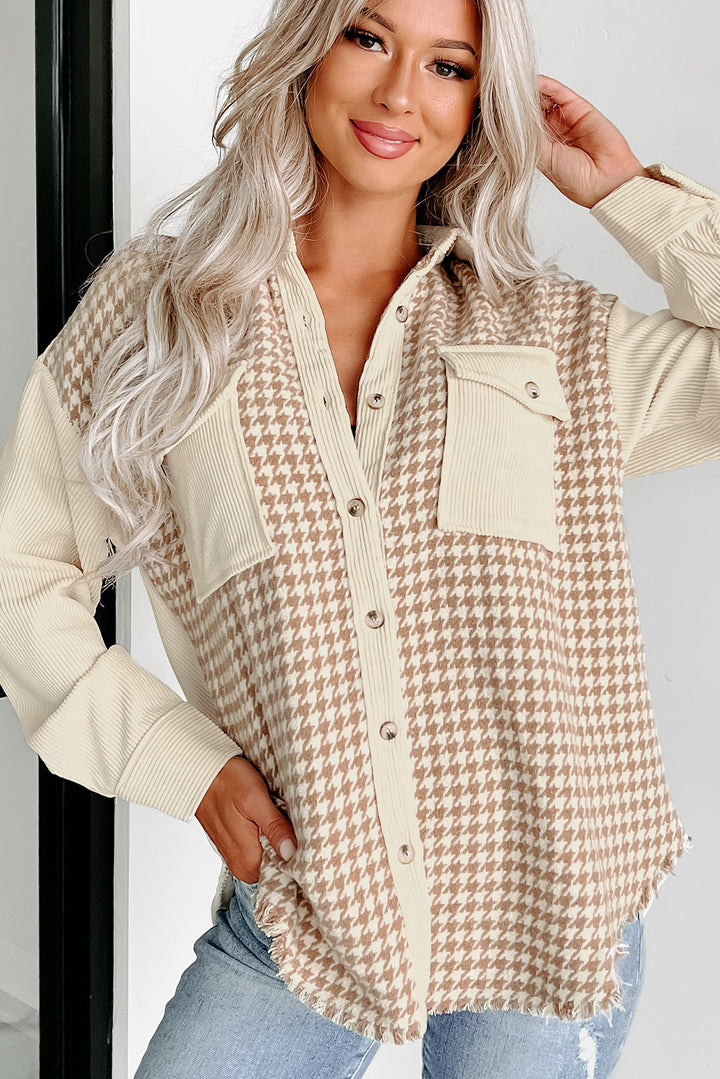 Cozy Contrast Cord & Houndstooth Button-Down Shacket – Oatmilk & Caramel