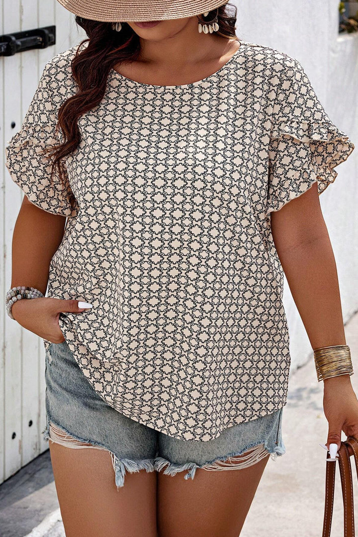 PLUS SIZE✨Marbella Mosaic Flutter Sleeve Blouse (Sand & Ink)