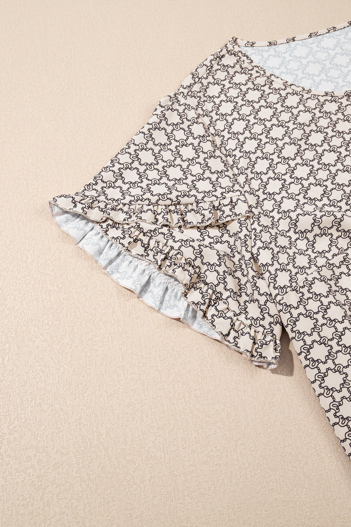 PLUS SIZE✨Marbella Mosaic Flutter Sleeve Blouse (Sand & Ink)