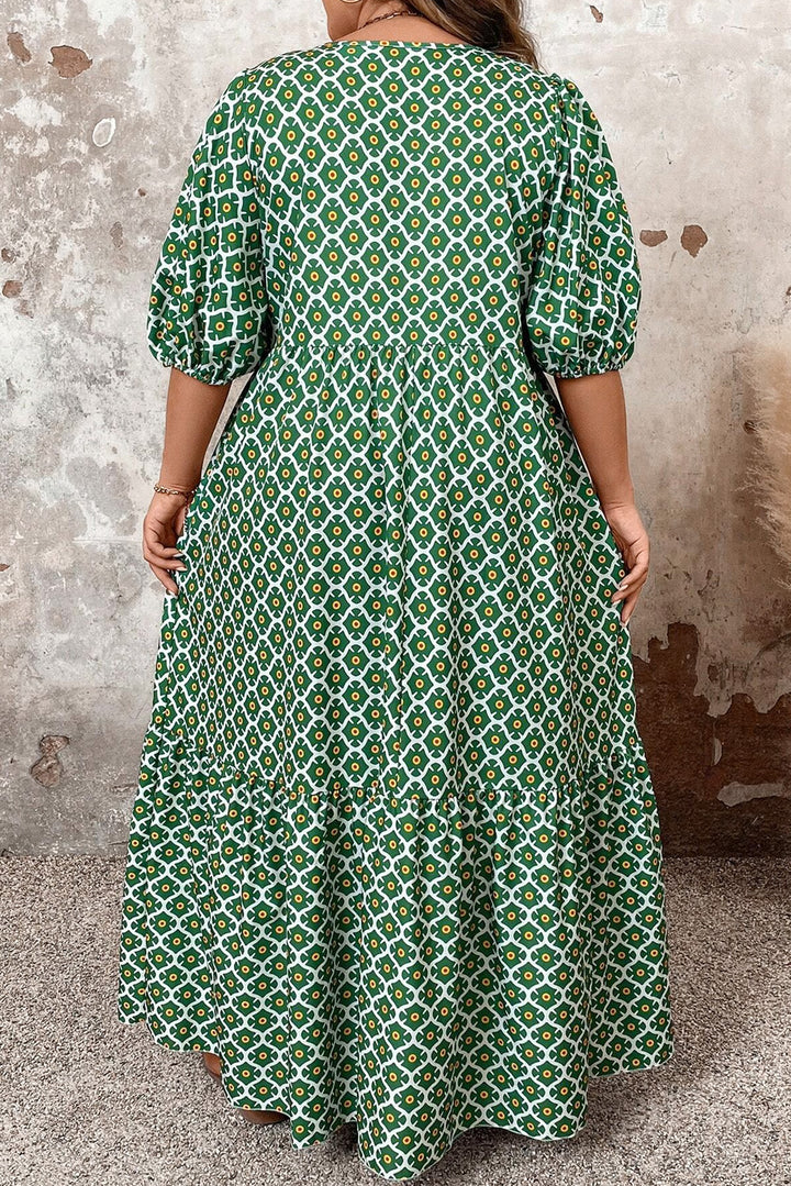 PLUS SIZE✨Emerald Garden Mosaic Tie-Neck Maxi (with Pockets) 💚🌼