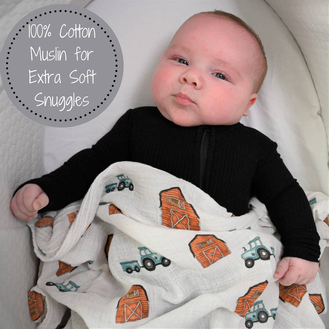 Farm Tractor Red Barn How We Roll Muslin Swaddle Baby Blanket
