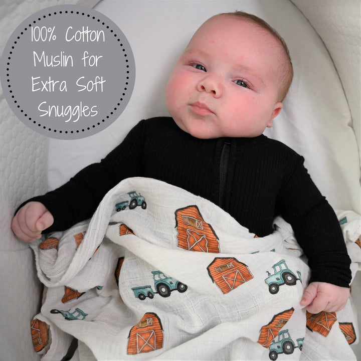 Farm Tractor Red Barn How We Roll Muslin Swaddle Baby Blanket