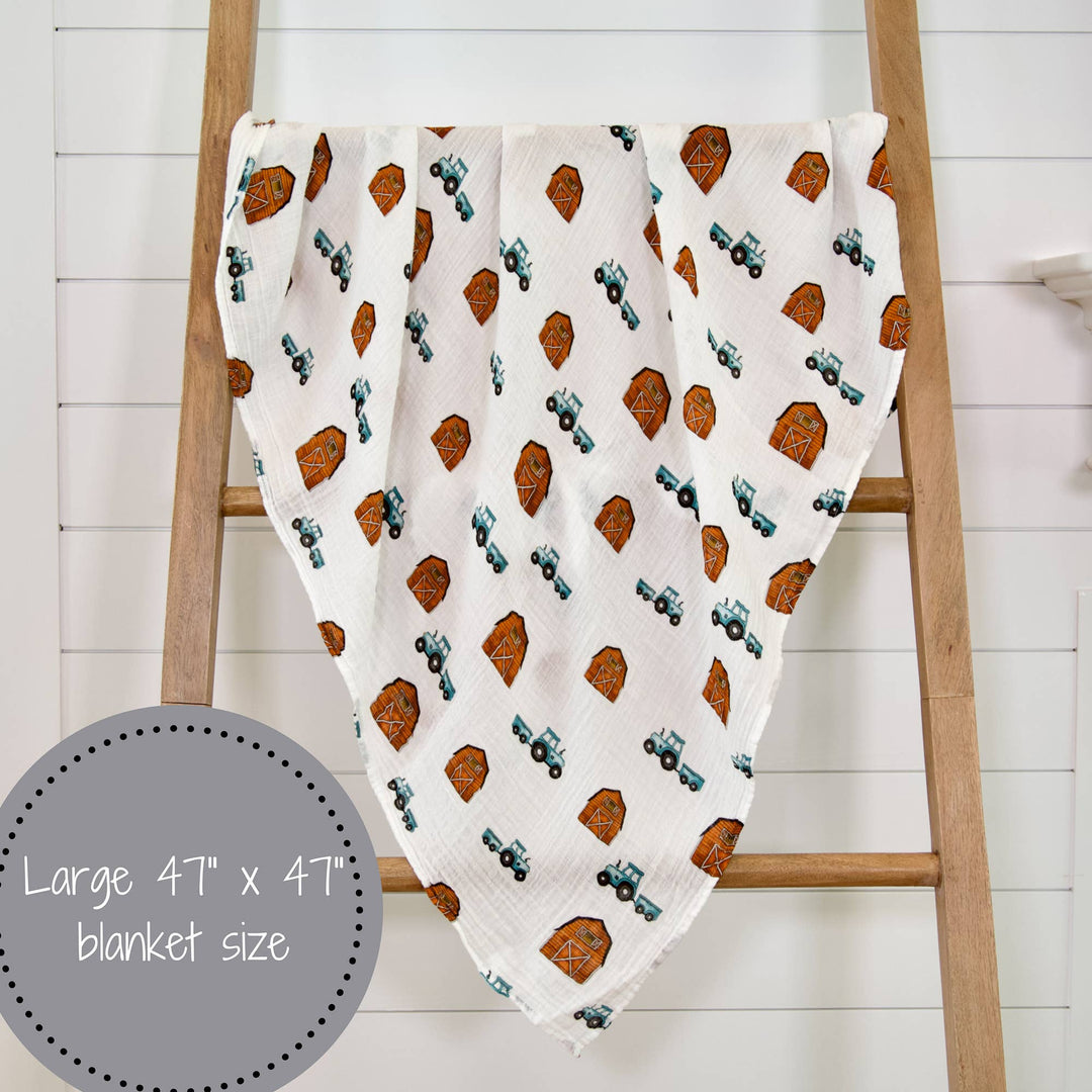 Farm Tractor Red Barn How We Roll Muslin Swaddle Baby Blanket